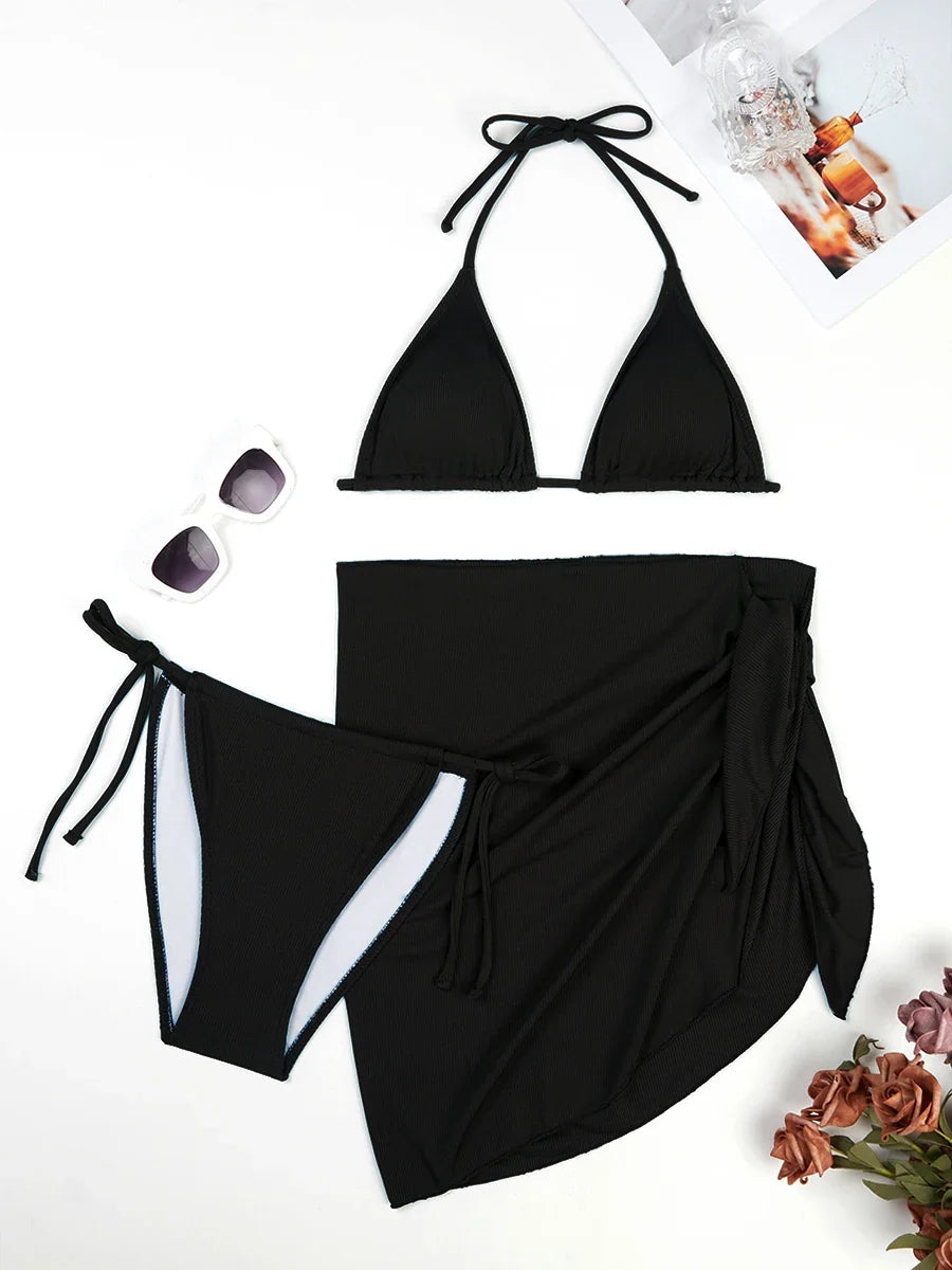 3 Pieces Triangle Halter String Bikini 2026 Solid Swimwear Female Sexy Swimsuit Women Bathers Bathing Swimming Swim Suit