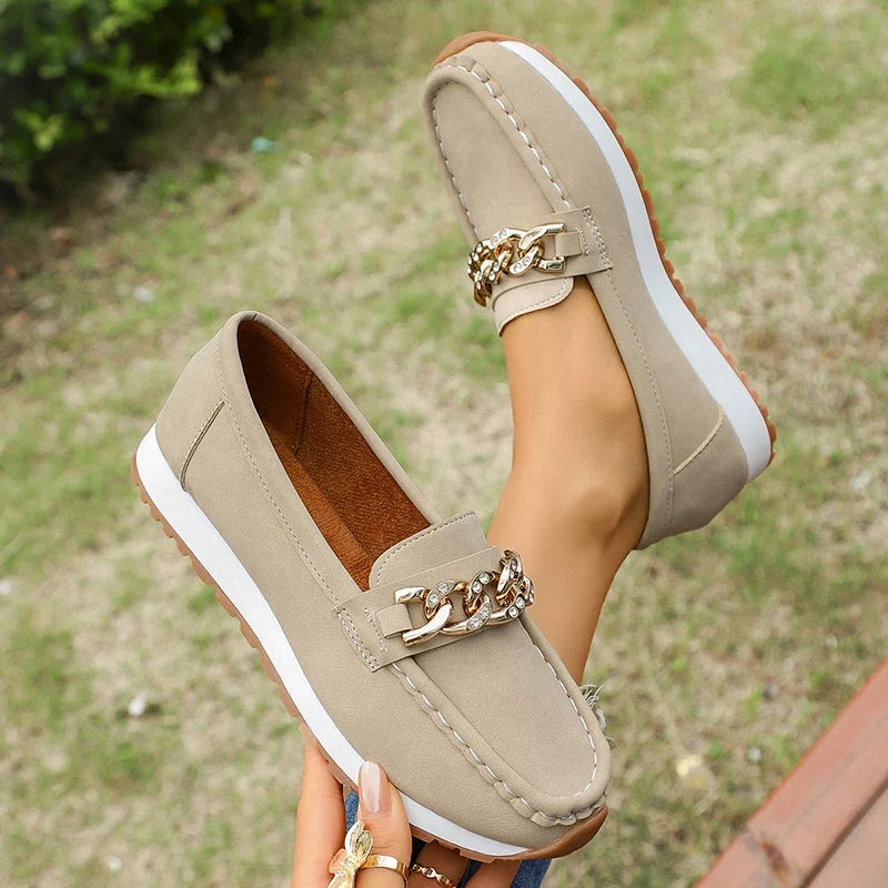 Fashion Metal Chain Soft Sole Flats Shoes Women Spring Autumn Pu Leather Platform Loafers Woman Slip On Non Slip Casual Shoes
