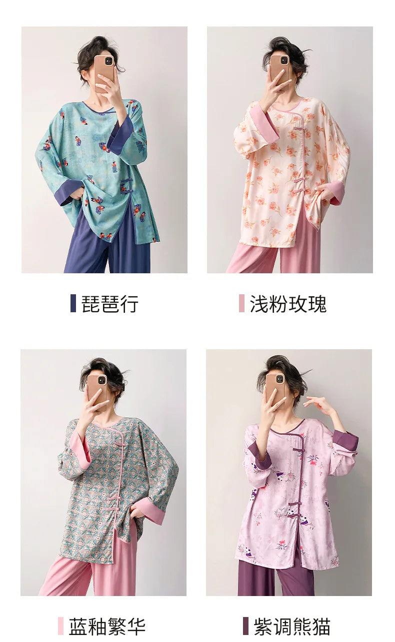 Plus size mother's cotton silk pajamas spring and summer new Chinese style can be worn outside home clothes Mother's Day gift