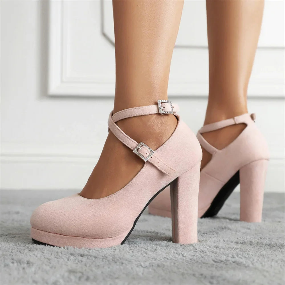 2026 Plus Size 43 Elegant Pink Cross-strap Pumps Office Lady Classic Black High Heels Shoes Women Purple Platform Party Shoes