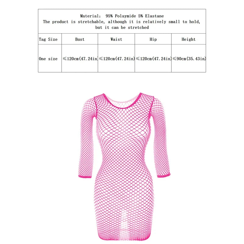 1PC Women Sexy Fishnet Beach Cover Up Long Sleeves Hollow Out Bodycon Dress See Through Summer Swimwear