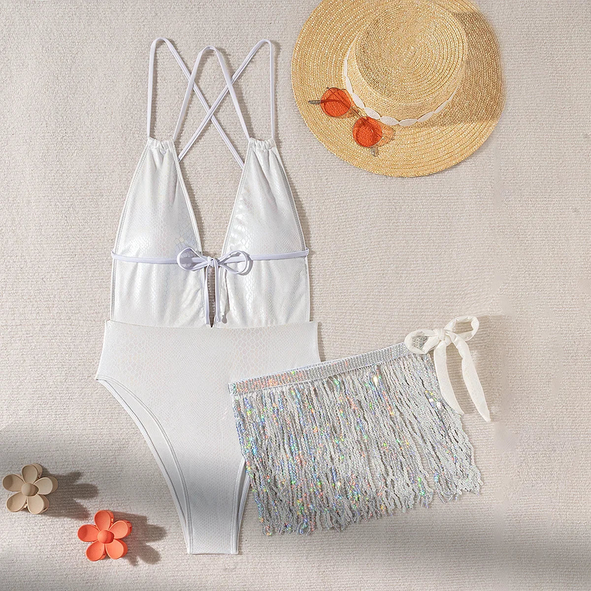 New Shiny One Piece Swimsuit Sexy White Snakeskin Print Deep V Neck Swimwear Backless Bathing Suit Sequin Tassel Skirt Monokini