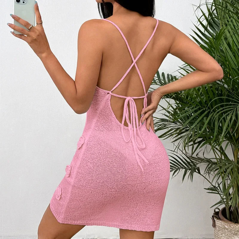 Women's Fashion Short Skirt U-Shaped Collar Cross Tie Hollow Design 3D Hook Flower Sexy Strap Stylish Women's Clothing