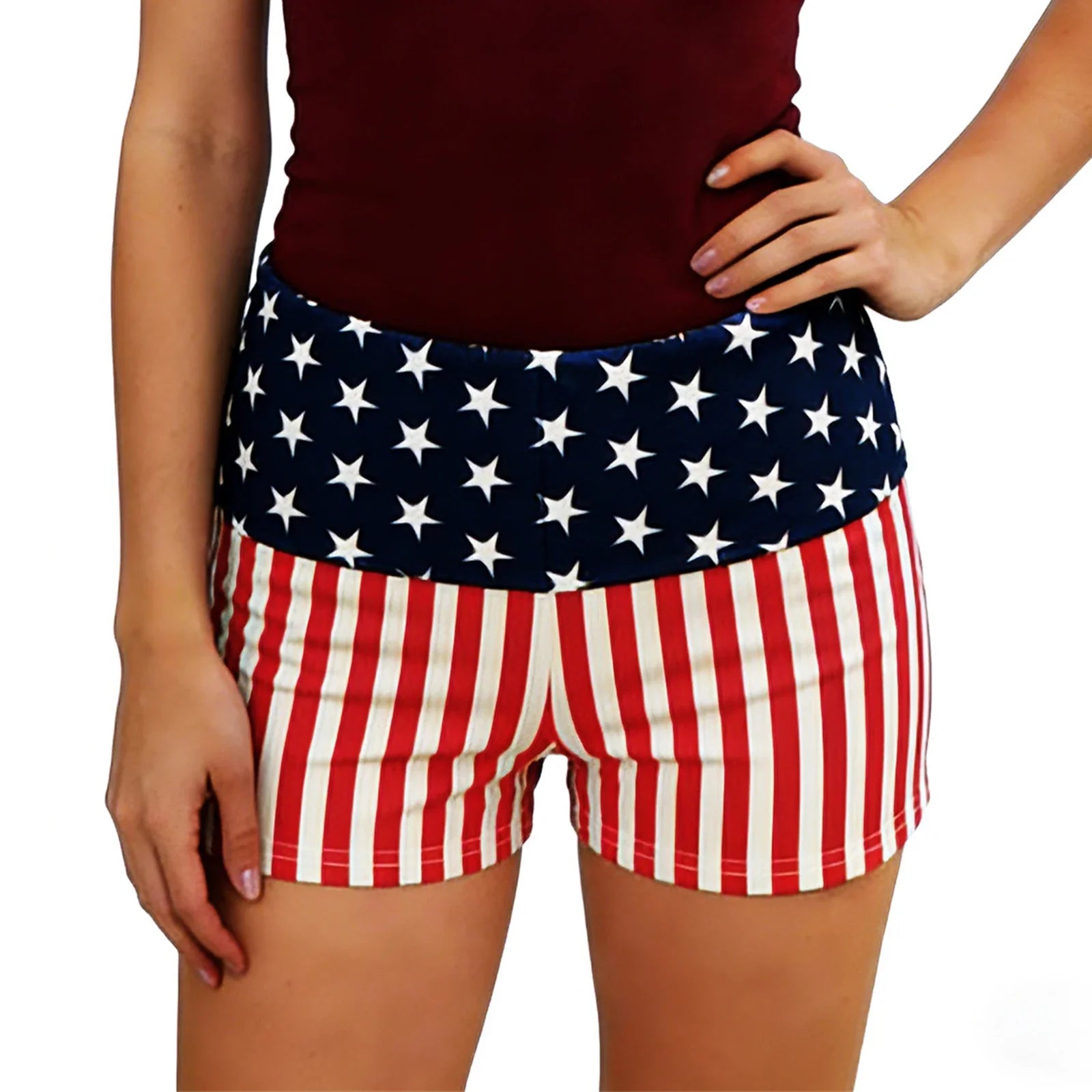 Women’s Streetwear Shorts Patriotic Shorts Casual Fold-Over Waist Stars and Stripes Print Slim Fit Shorts