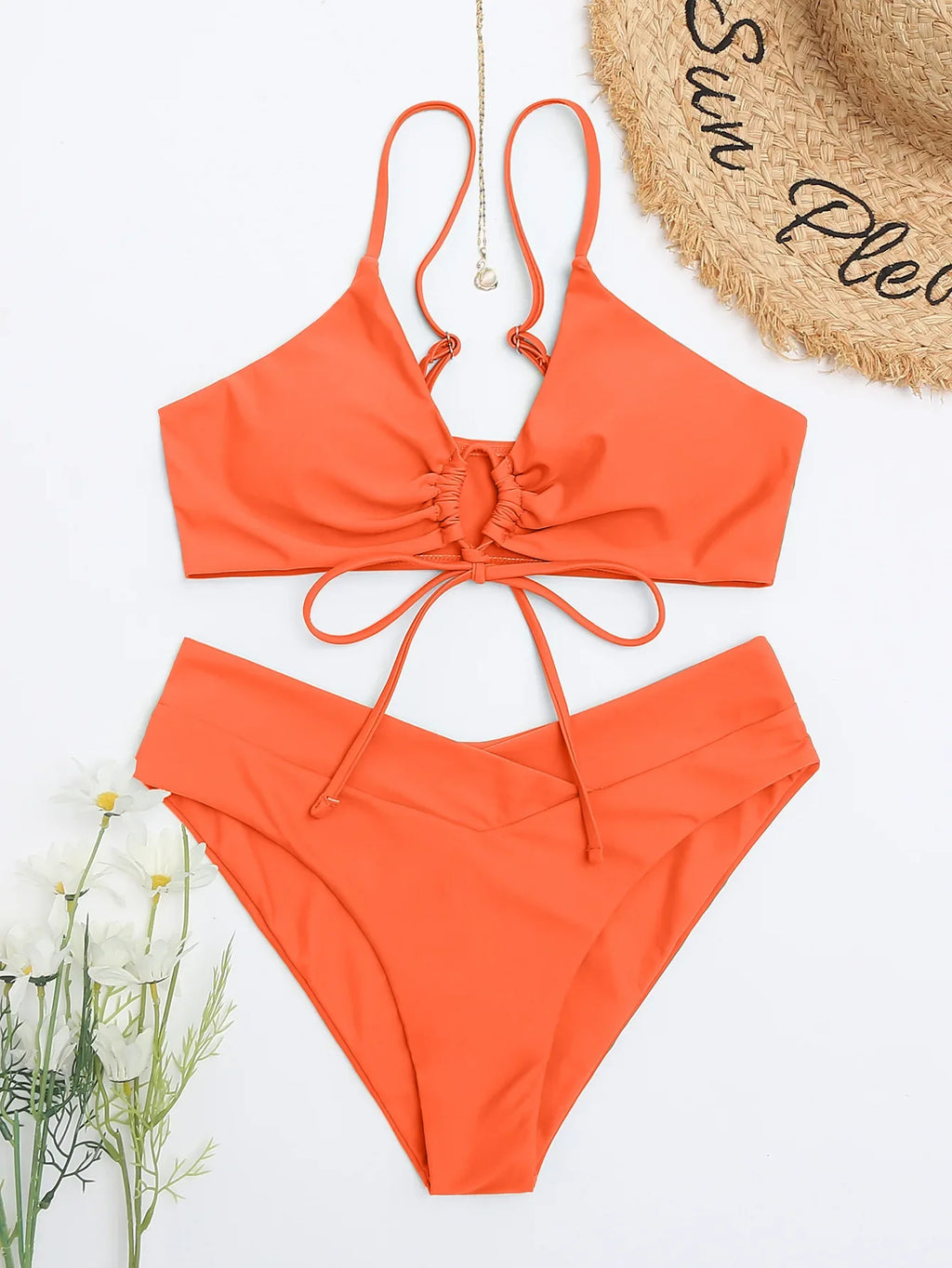 New Women's Swimsuit High Waist Two Piece Bikini Set Hollow Out V-neck Bandage Cross Backless Beach Swimwear Summer Bathing Suit