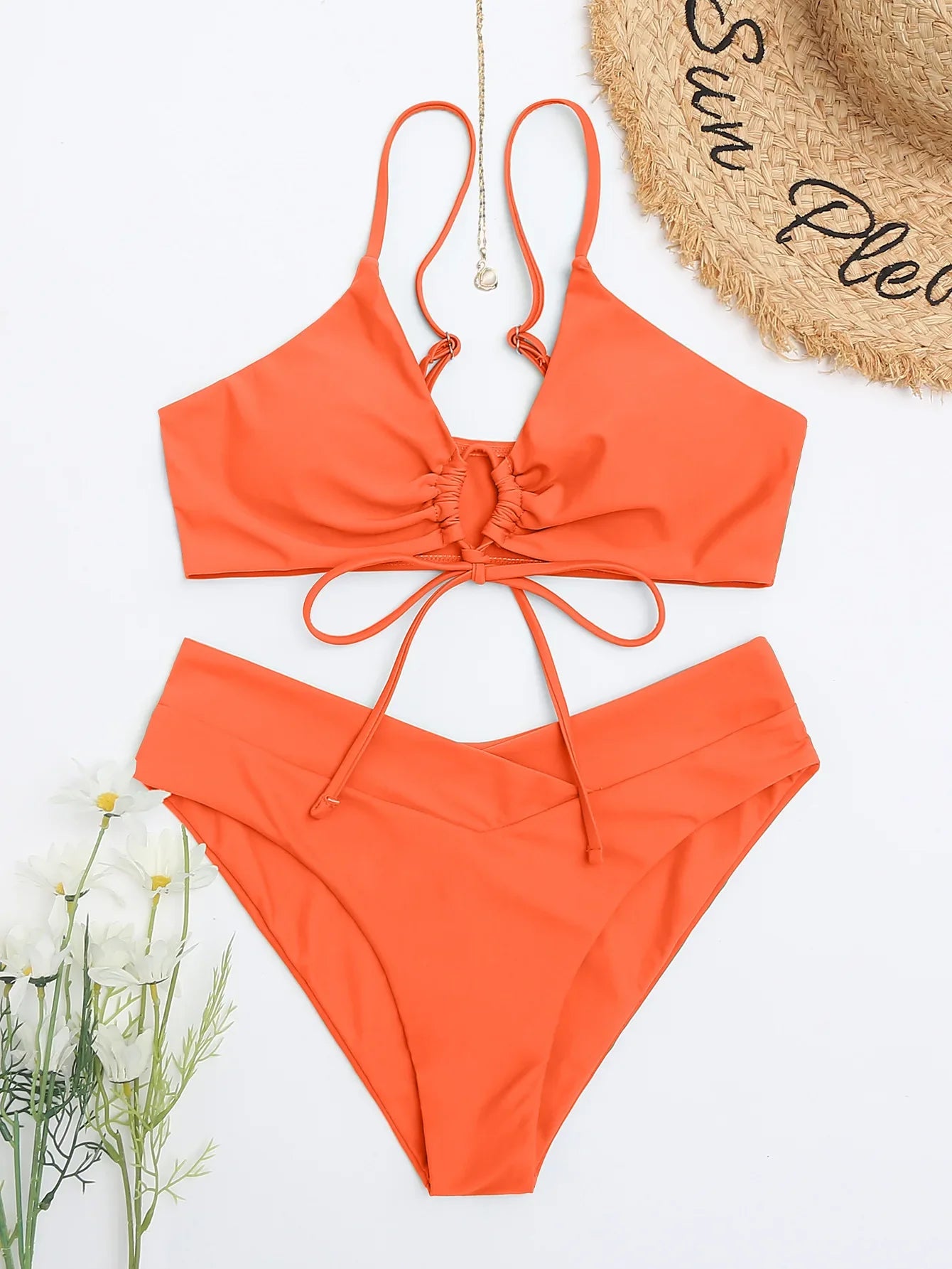 New Women's Swimsuit High Waist Two Piece Bikini Set Hollow Out V-neck Bandage Cross Backless Beach Swimwear Summer Bathing Suit