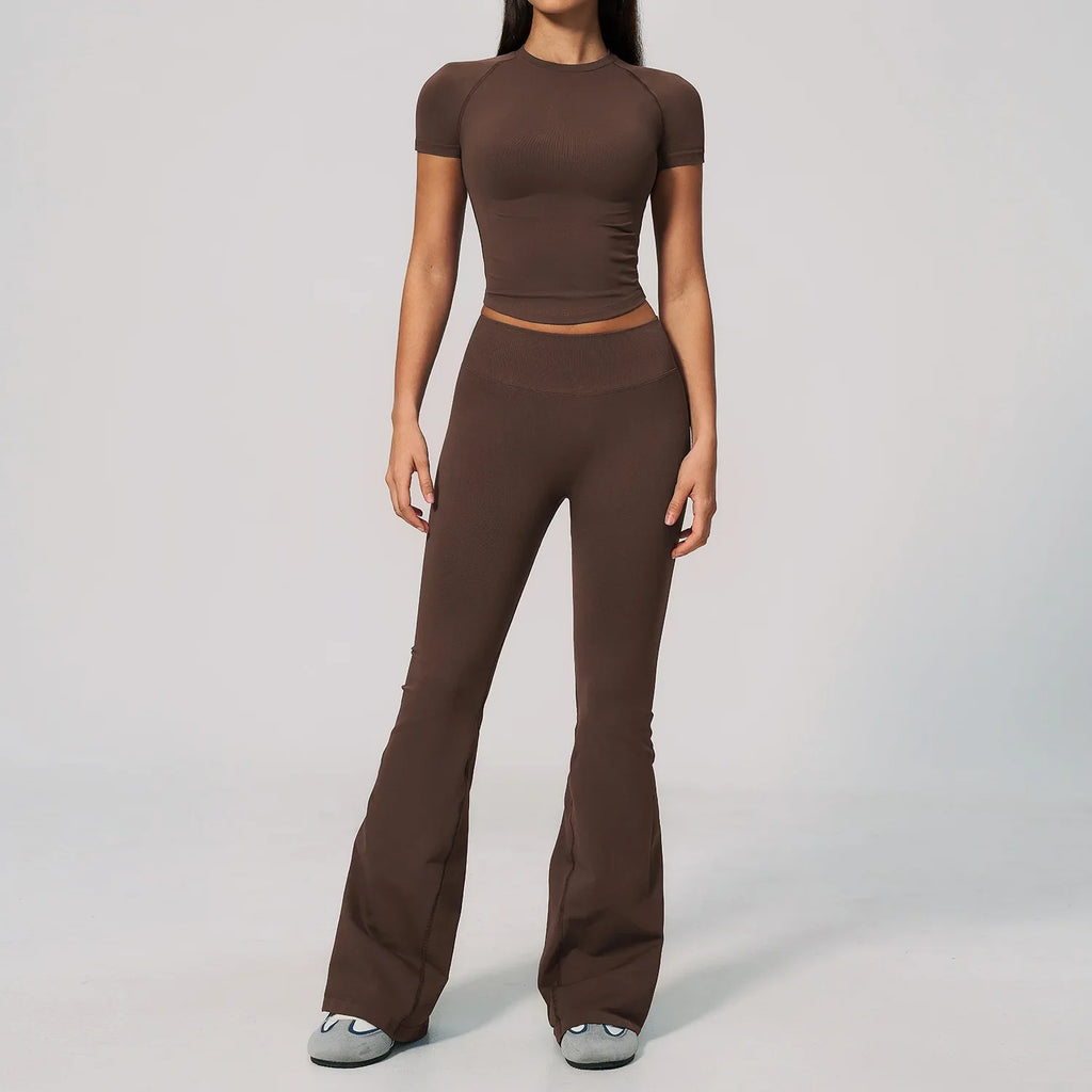 Seamless High Elasticity Yoga Sets Women Short Sleeve O Neck Sports T Shirts Workout Outfits Running Wide Leg Pants Fitness Suit