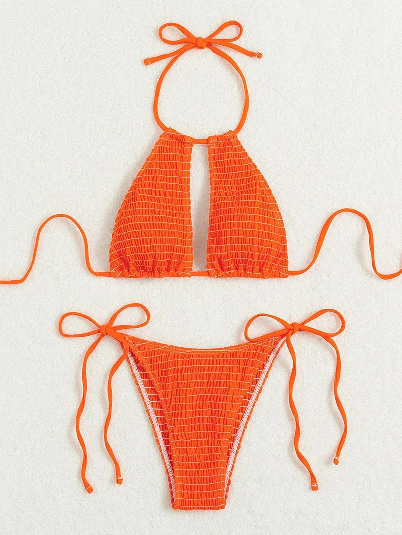 2025 Halter Tie Side Hollow Out Smocked Bikini Women Swimsuit Female Swimwear Two Pieces Bikini Set Swim Bathing Suit Beach Wear