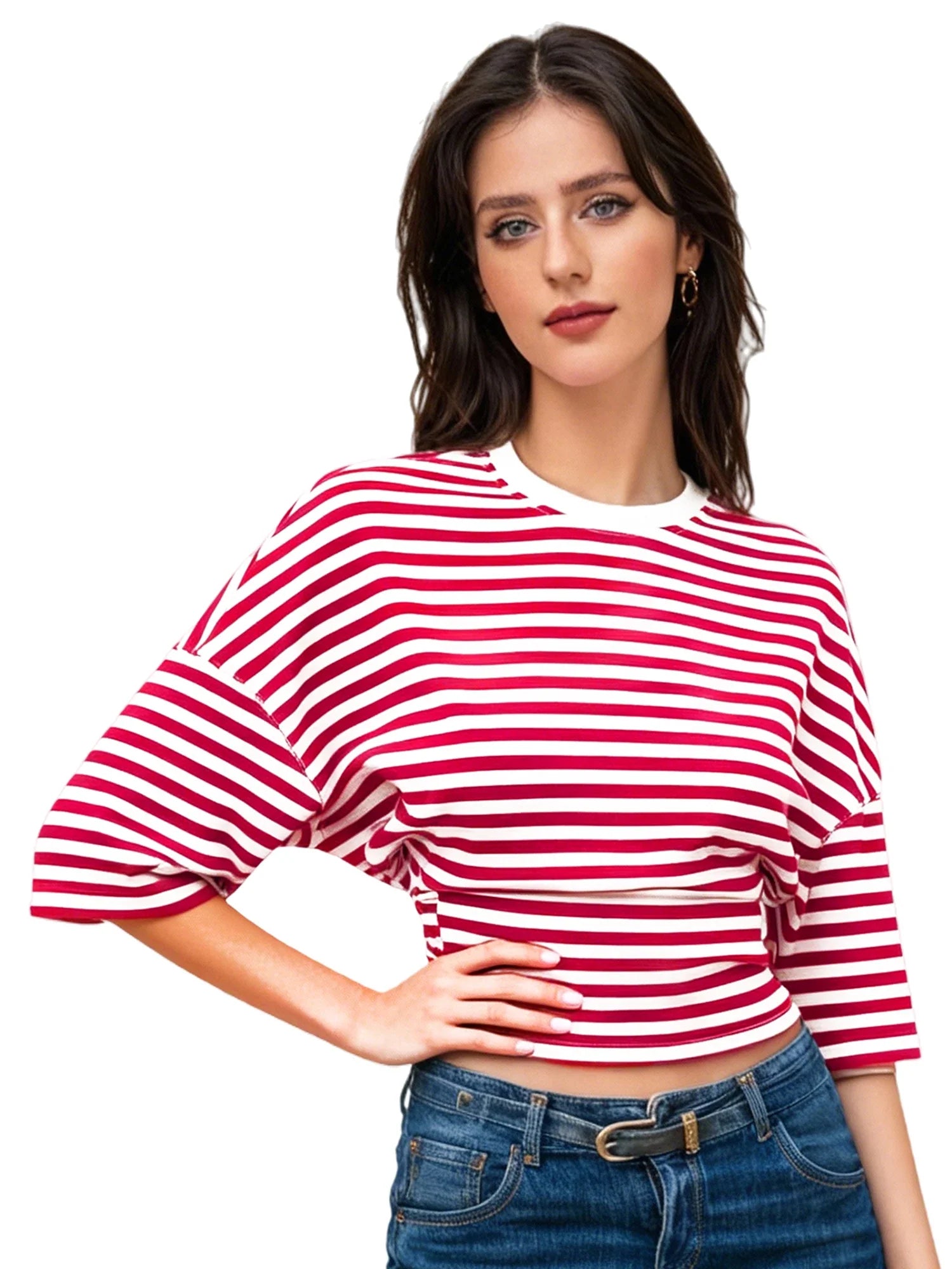 Women Summer Fashion Casual Elbow Sleeve T-Shirts Stripe Cinched Waist Crew Neck Tops Streetwear
