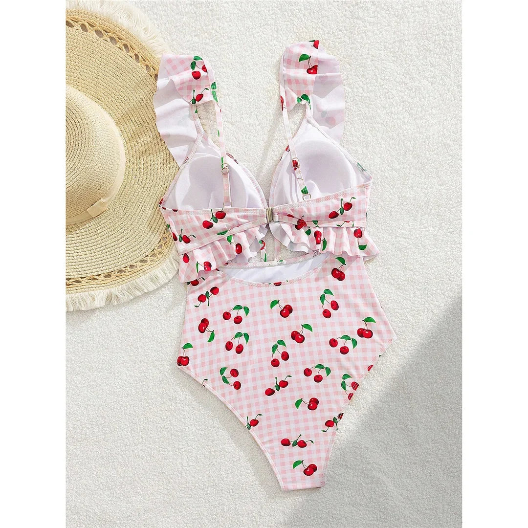 S - XL Cherry Printed Plaid Cut Out One Piece Swimsuit Women Swimwear Female Frilled High Leg Cut Bather Bathing Suit Swim V7557
