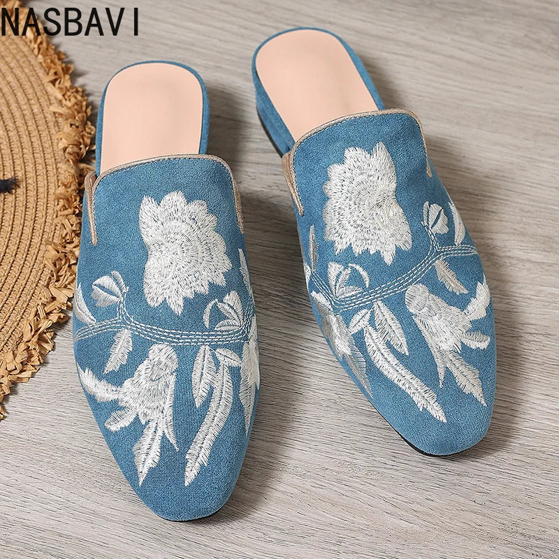 NASBAVI Fashion 3d Embroidery Mules Women Fur Slippers Velvet Shoes Ladies Low Heel Flower Decoration Sandals Women's Flip Flops