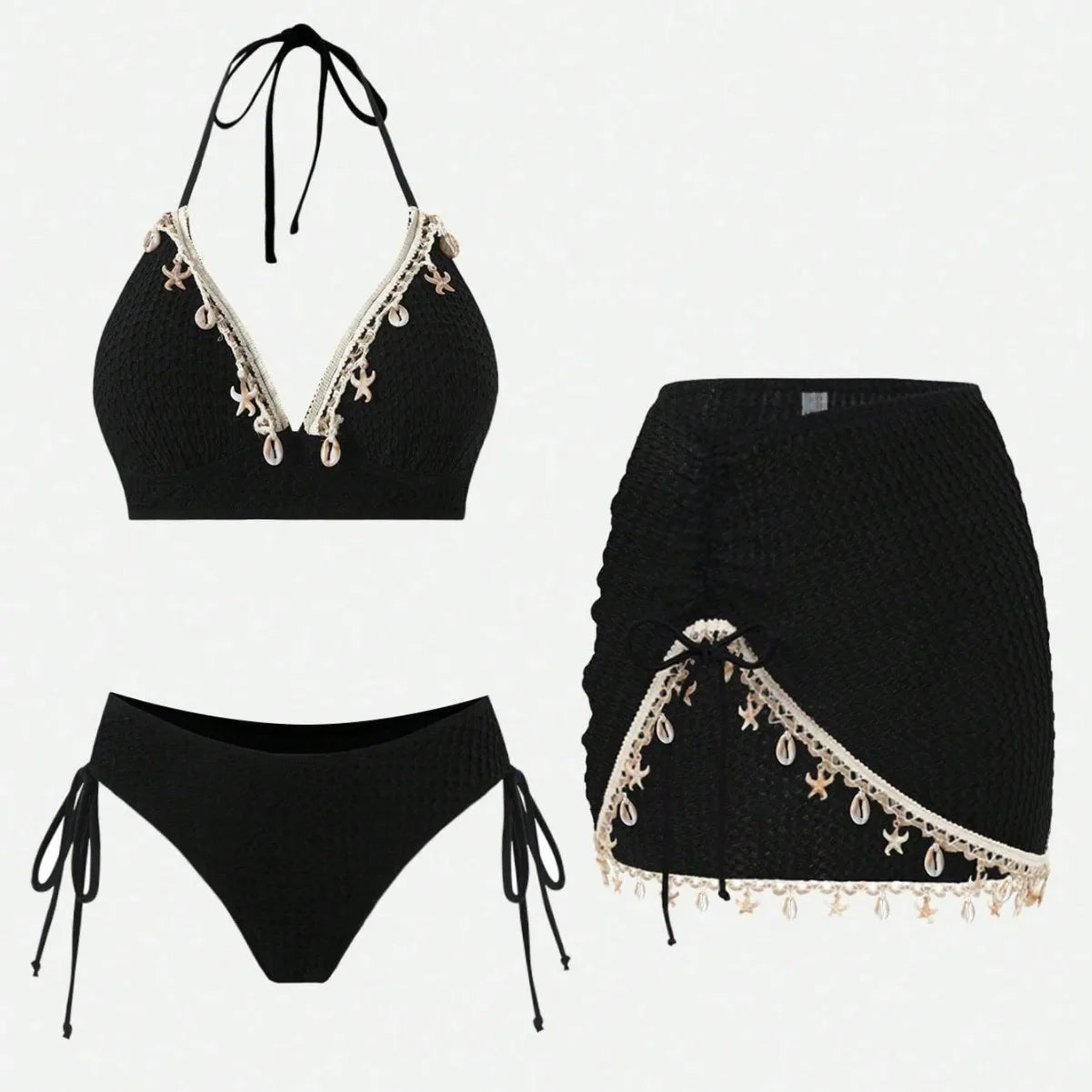 Vintage Black Starfish Shell Ornament Bikini Set 2026 Women Tassel Skirt 3 Piece Swimsuit Summer Bathing Suit Holiday Swimwear