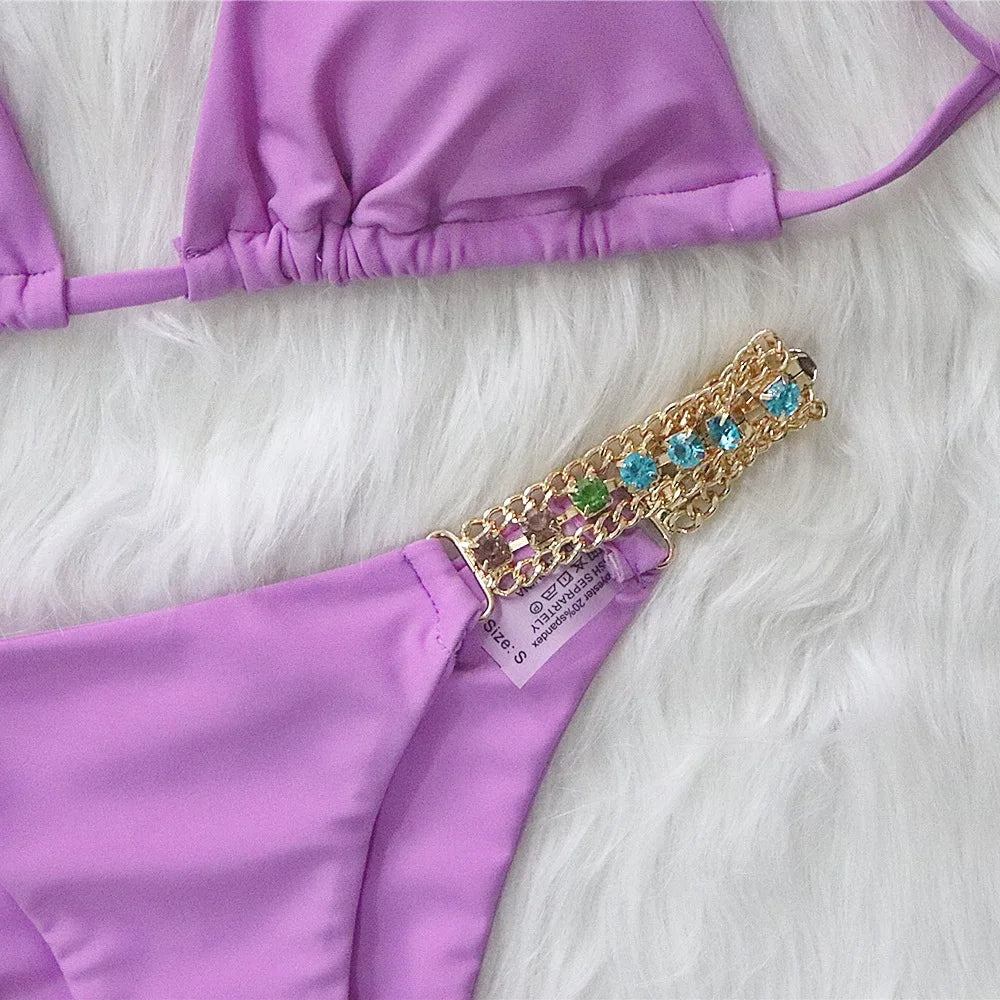 Bikini 2026 Sexy Solid Swimwear Swimsuit Women Rhinestone Metal Chain Bikinis Set Bathing Suit Beach Female Halter Bikinis Mujer