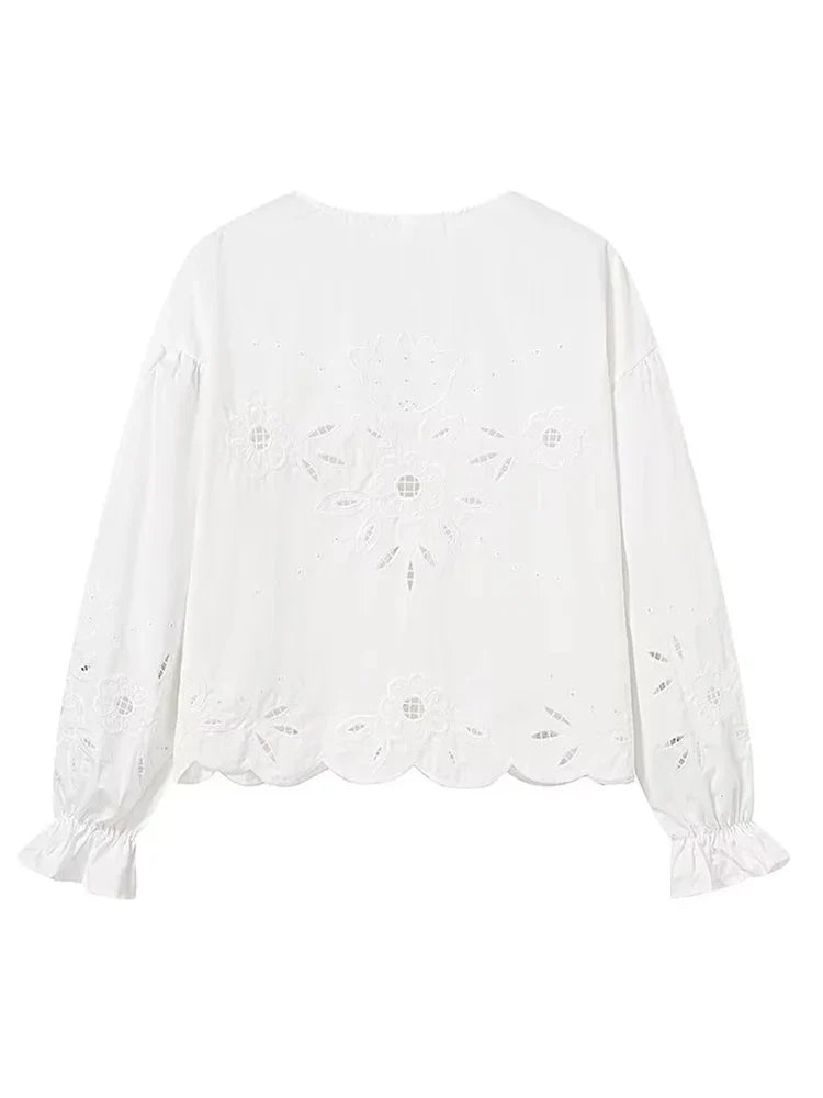 Foridol Heart Embroidery White Cotton Women Blouse Bowknot Spring Summer Lantern Sleeve Casual Shirt V Neck Loose Chic Blusa