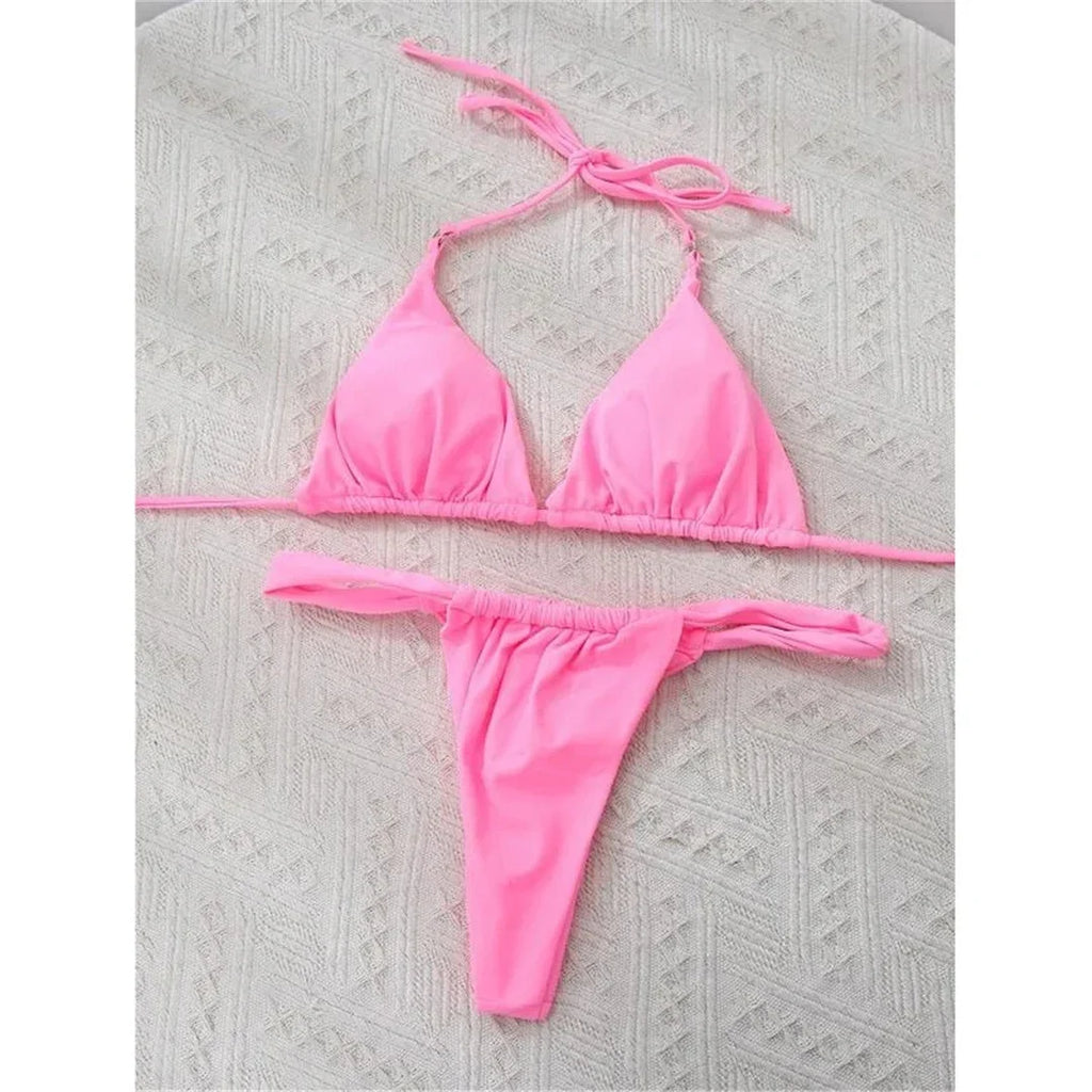 Wrinkled High Cut Mini Micro Thong Bikini Women Swimwear Female Swimsuit Two-pieces Bikini Set Halter Bather Bathing Suit Swim