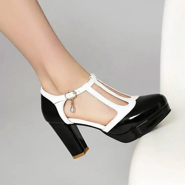 Spring Autumn New Style Fashion High-heeled Women's Shoes Color Block Round Head Shallow Mouth Buckle Square Heel Women's Shoes