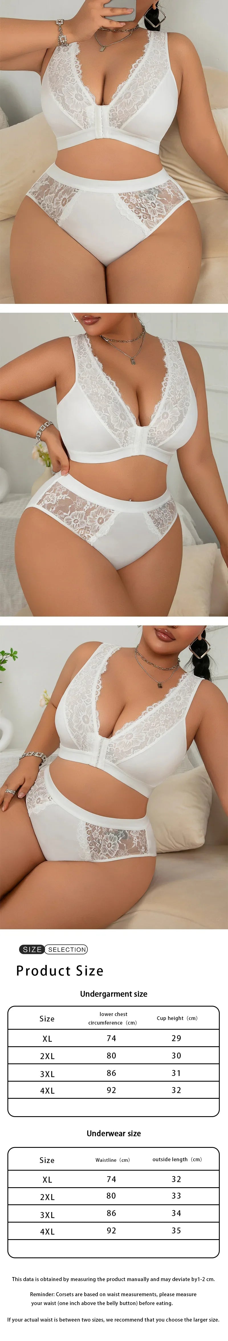 Plus Size Front Closure Lingerie Set, Unpadded Lace Open Back Wireless Full Bust Support Bra
