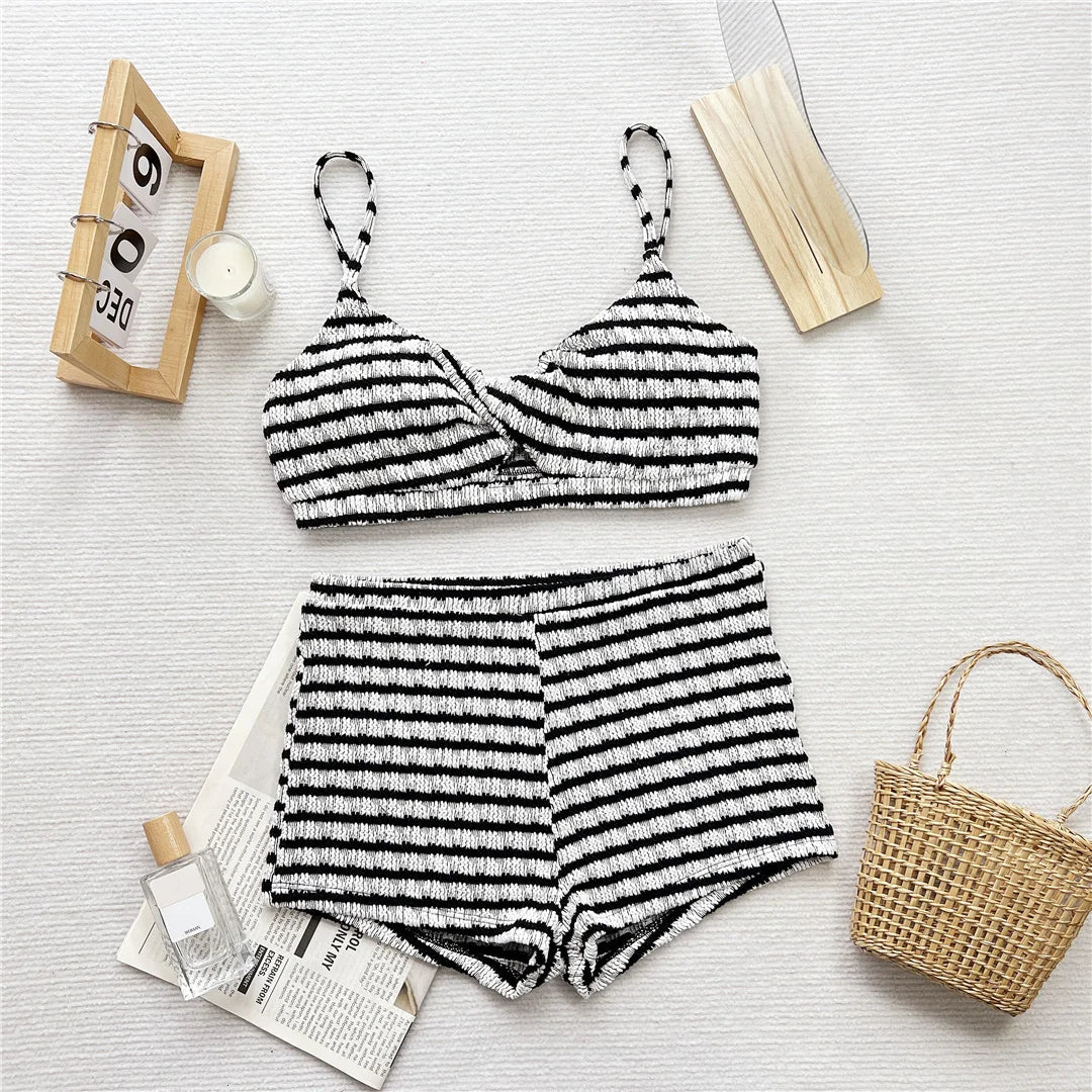Black White Striped High Waist Bikini Female Swimsuit Women Swimwear Two-Pieces Bikini Set Shorts Bather Bathing Suit Swim V6626