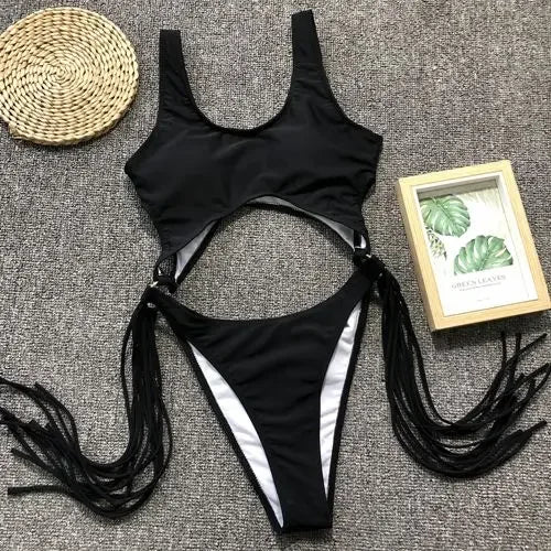 Tummy Cut Out Splicing Fringe Tassel Women Swimwear One Piece Swimsuit Female Monokini High Leg Cut Bathing Suit Swim Beach Wear