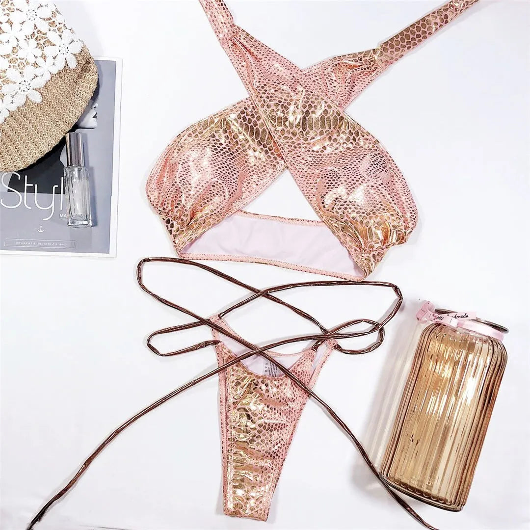 2026 Shiny Halter Thong Bikini Women Swimwear Female Swimsuit Two-Pieces Bikini Set Wrap Around Bather Bathing Suit Swim V2089