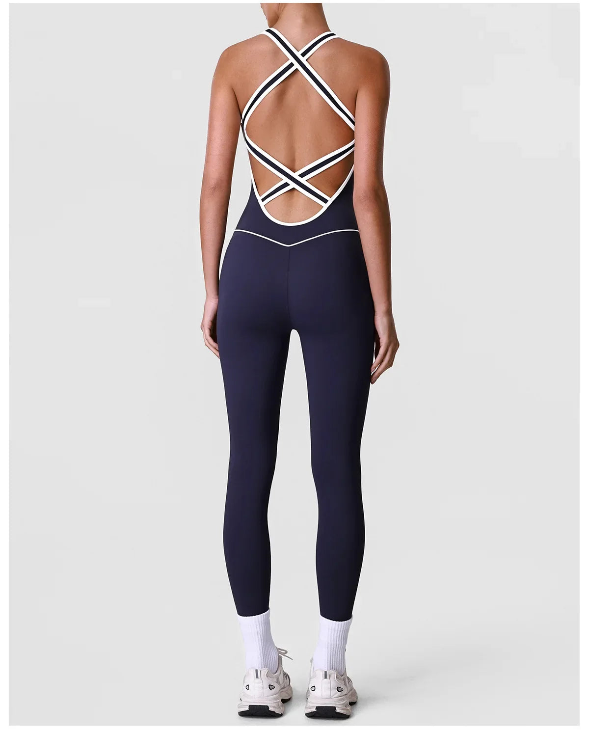 High Stretch Body Shaping Yoga Jumpsuit Women Black Patchwork Hollow Out Back Cross Fitness Sports One Piece Workout Bodysuits