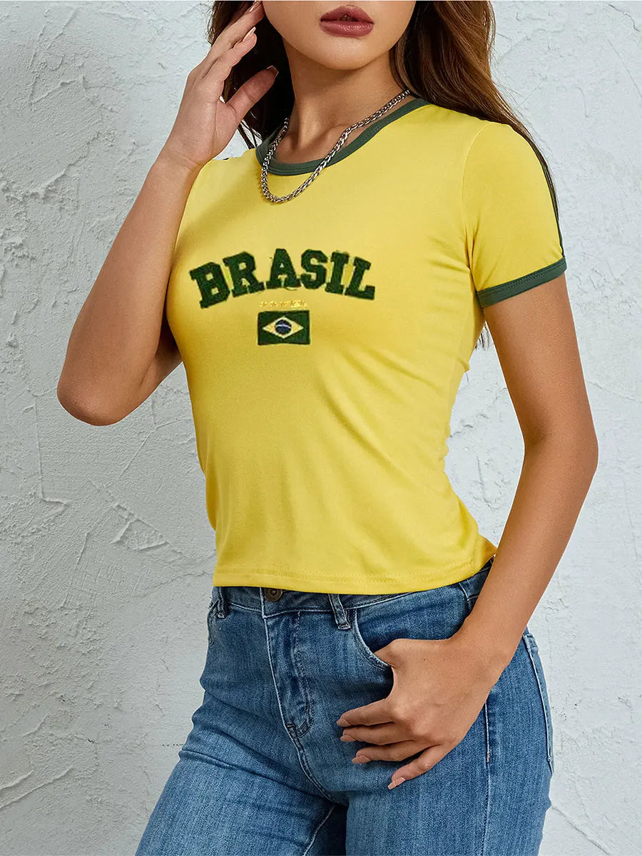 Summer Women's Casual T-shirt Short Sleeve Round Neck Slim Fit Cropped Tee Tops Shirts Streetwear