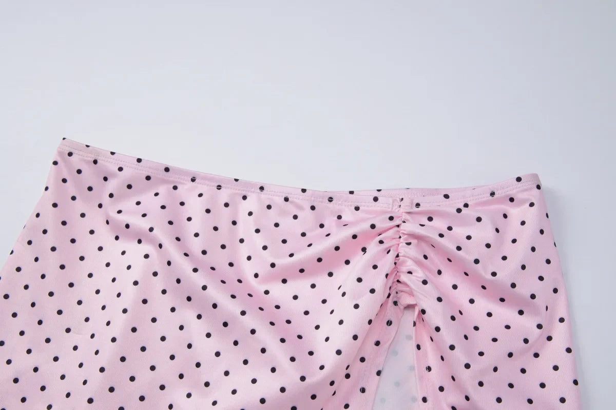 FDYOUI Women's Polka Dot Print Pink Swimsuit Lace-up Bras Panties Split Skirts 3 Pieces Bikinis Sets Bathing Suit Beach Swimwear