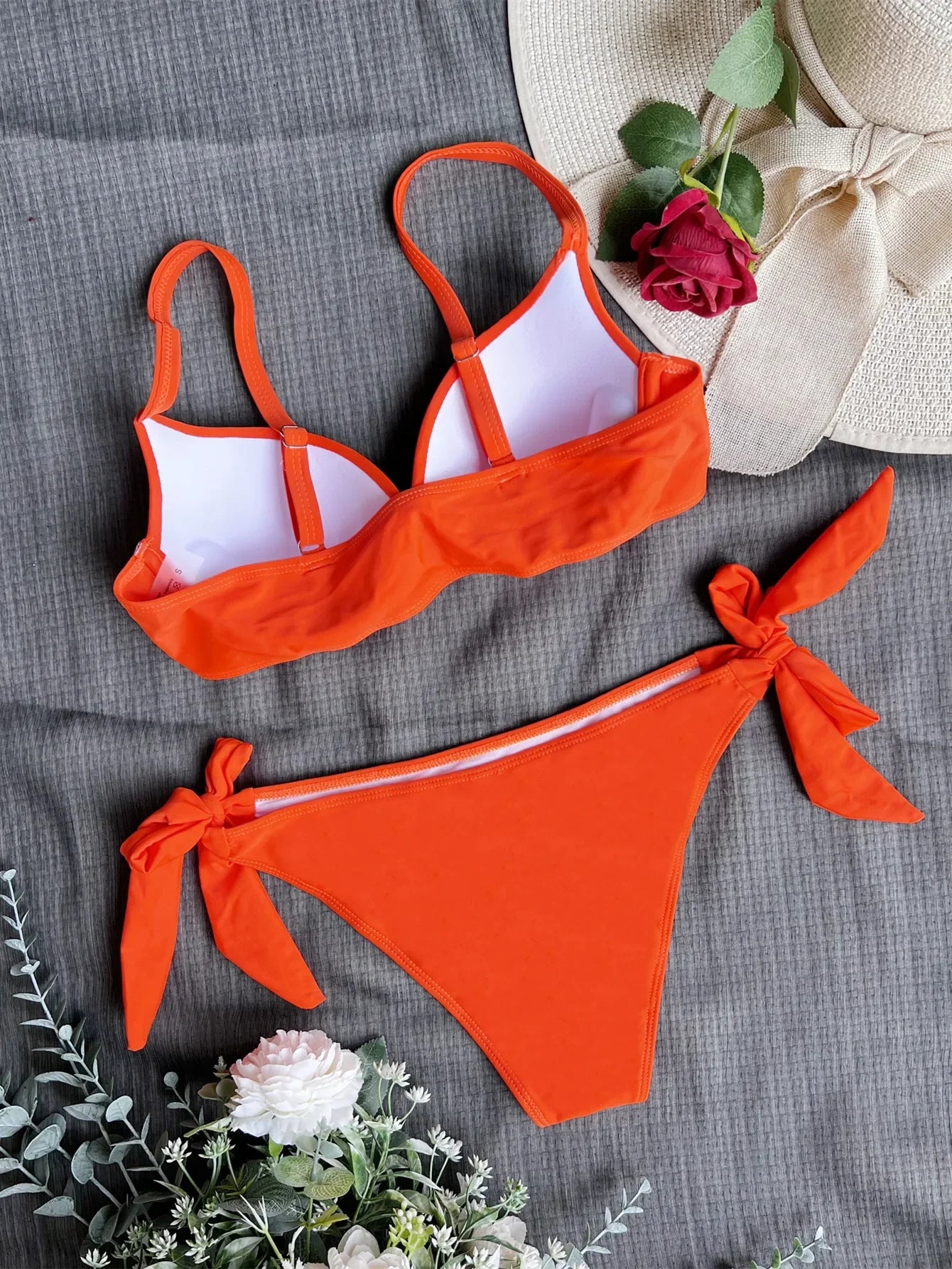 Sexy Front Bow Knot Push Up Bikinis Two Pieces Solid Swimsuit Tie Bikini Swimsuit Swimwear Biquini Conjunto De Bikini Tankini