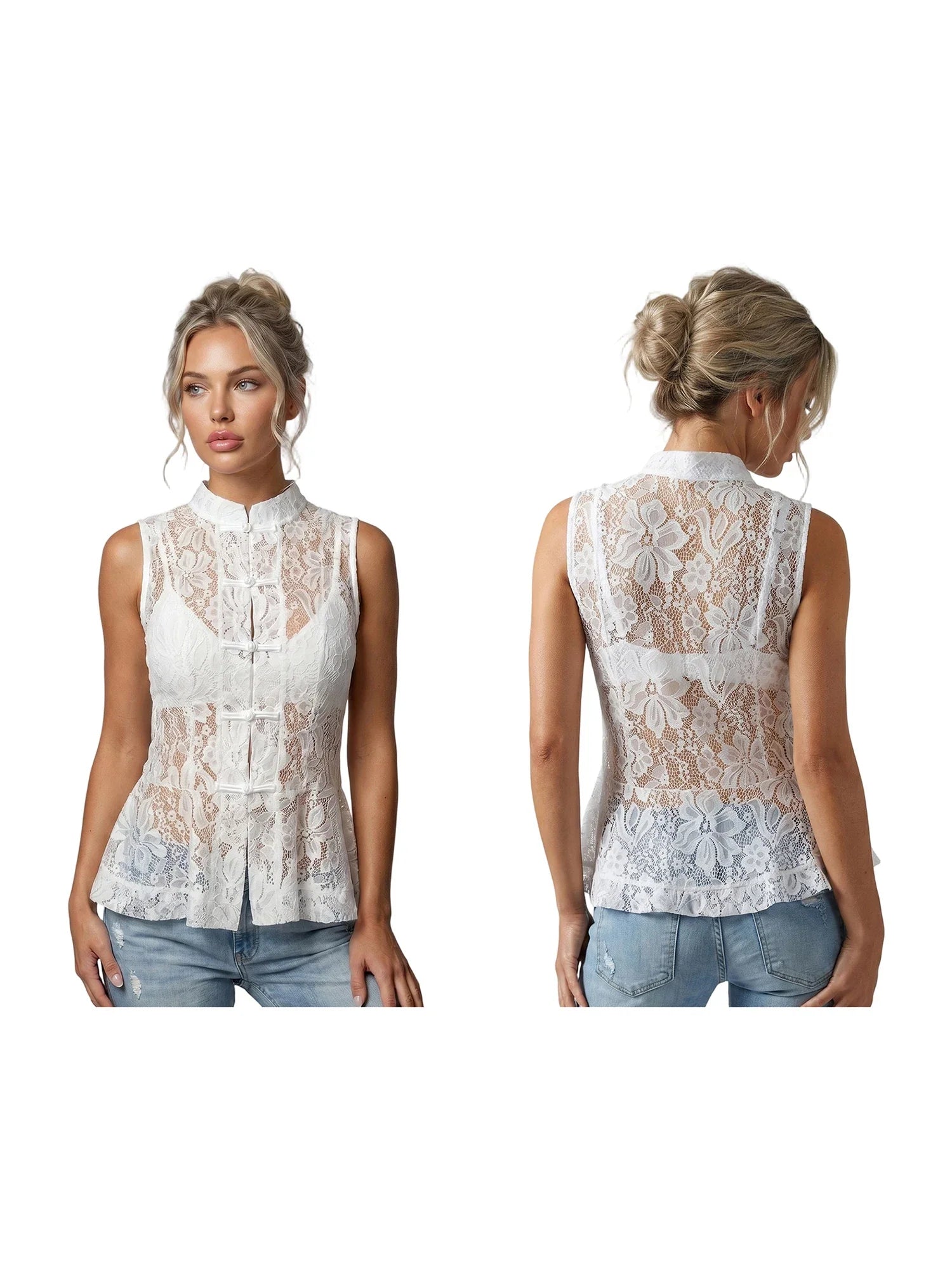 2026 Summer Women's Retro Lace Tops Elegant Mandarin Collar Chinese Frog Buttons Peplum Sleeveless Vest Blouses