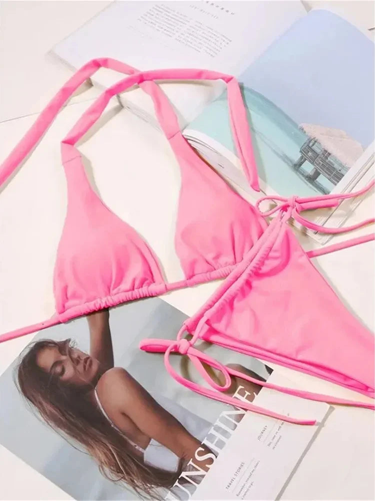 11 Colors Halter Mini Micro Thong Bikini Female Swimsuit Women Swimwear Two-pieces Bikini Set Bather Bathing Suit Swim Beachwear