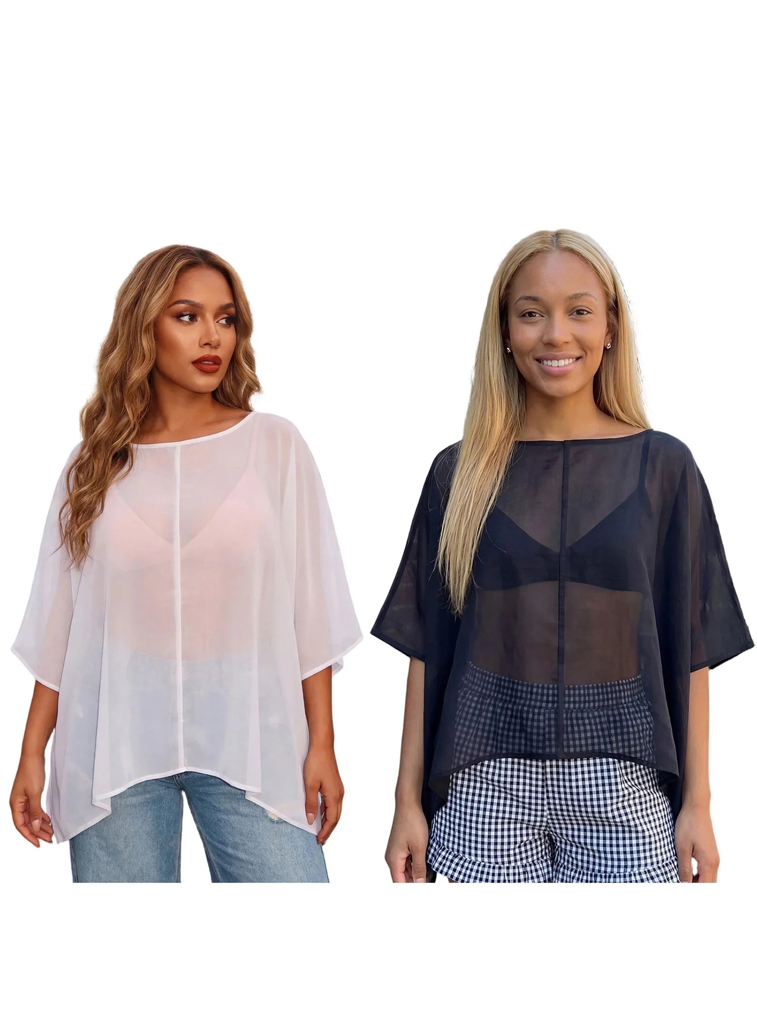 Women Summer Holiday Beach Sheer T-shirts Short Sleeve Tops Oblique Neck Solid Color See-through Irregular Party Clubwear