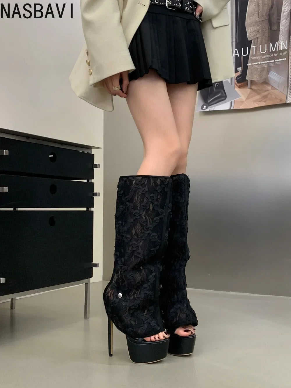 Summer New Style Fashion Sexy Lace Detachable High-heeled Sandals Pole Dance Hollow Out Sandal Boots Lady Banquet Party Shoe