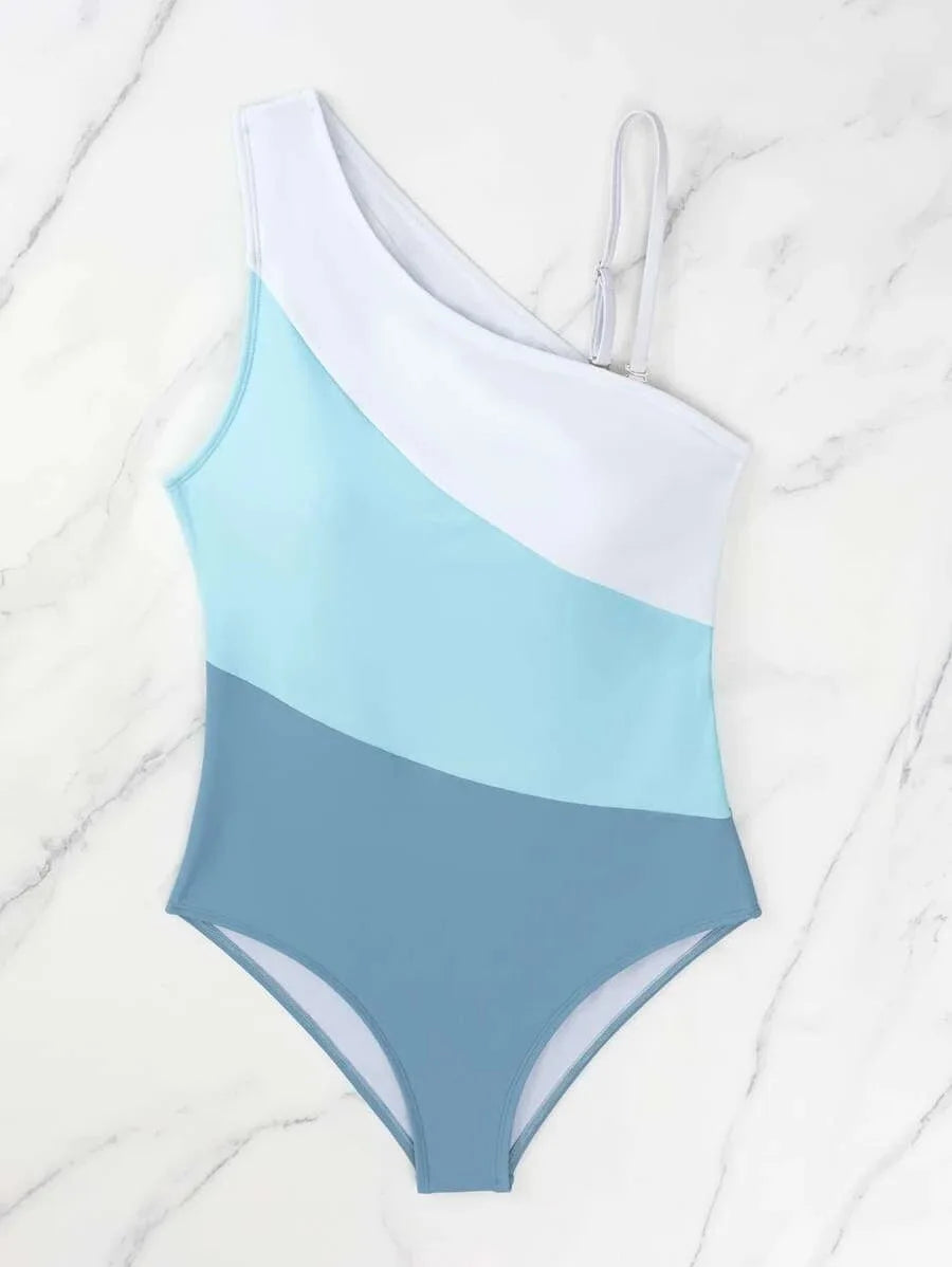 2026 Colorblock Cut Out One Shoulder Swimsuit One Piece Swimwear Women Sexy Bather Bathing Swimming Swim Suit Female Beachwear
