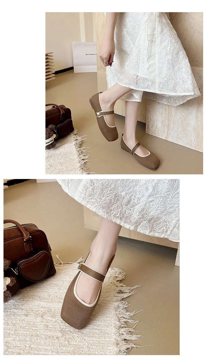 2026 New Mary Jane Shoes Woman Summer Autumn Leisure Flats Breathable Knitted Square Toe Female Daily Walking Driving Flat Shoes