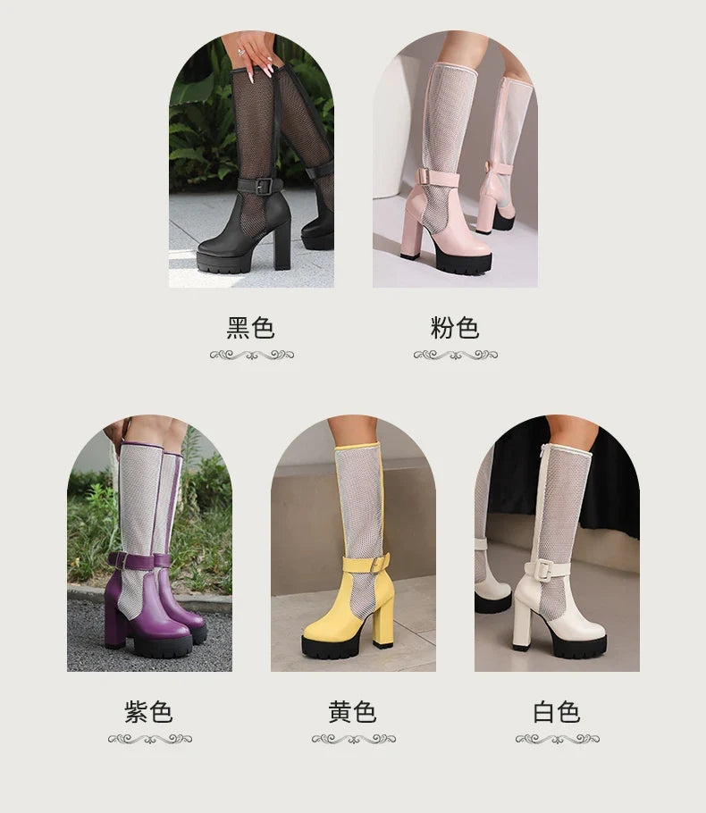 Plus Size Mesh Fabric Splicing PU High Socks Boots Ankle Buckle Ultra Thick Heel Back Zipper Breathable Summer Knee High Boots