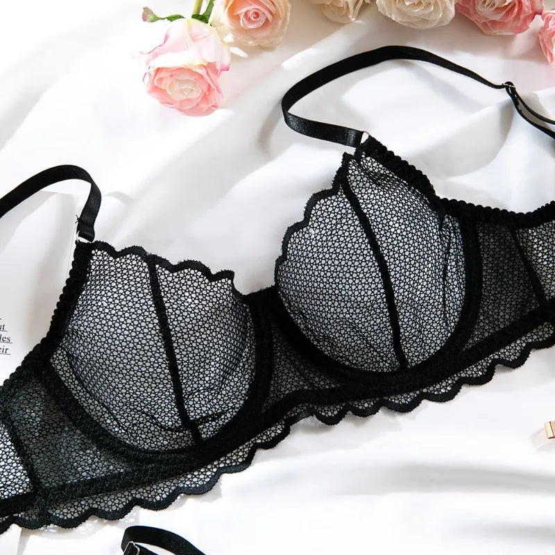 Toucheart Sexy Lingerie Suit for Women Lace Mesh Ultra-thin Underwear Comfortable Bra Set with Steel Rings Hollow Out Underwear