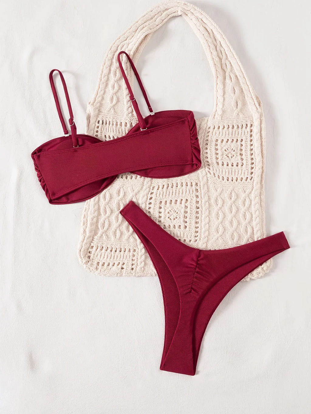 ZTVitality Wine Red Ribbed Bandeau Bikini Set Metal Buckle High Cut Thong Swimsuit Women's 2026 New Beach Bathing Suit Biquini