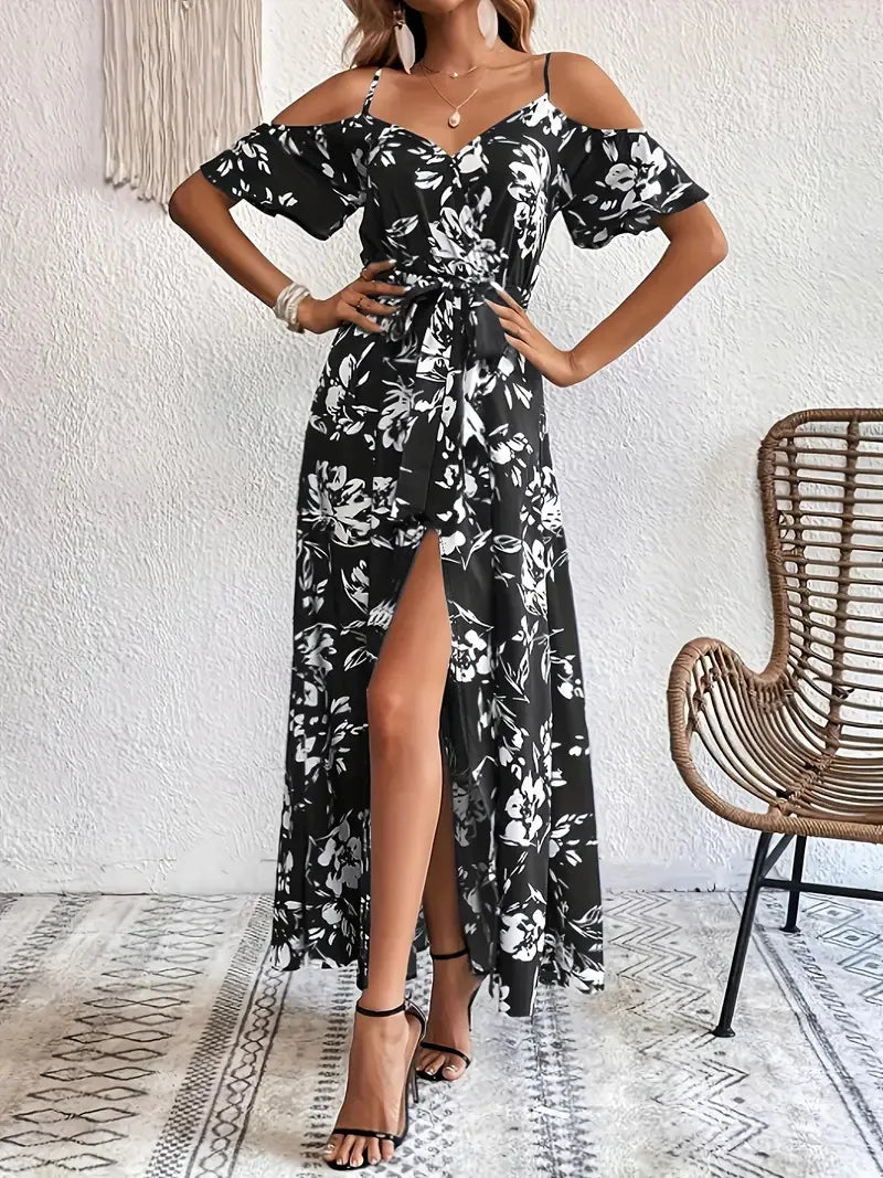 New Summer Women Print Dress 2025 Fashion Elegant  Vacation Party Short Sleeve Slim V-neck Slit Long Dresses Vestidos Para Mujer