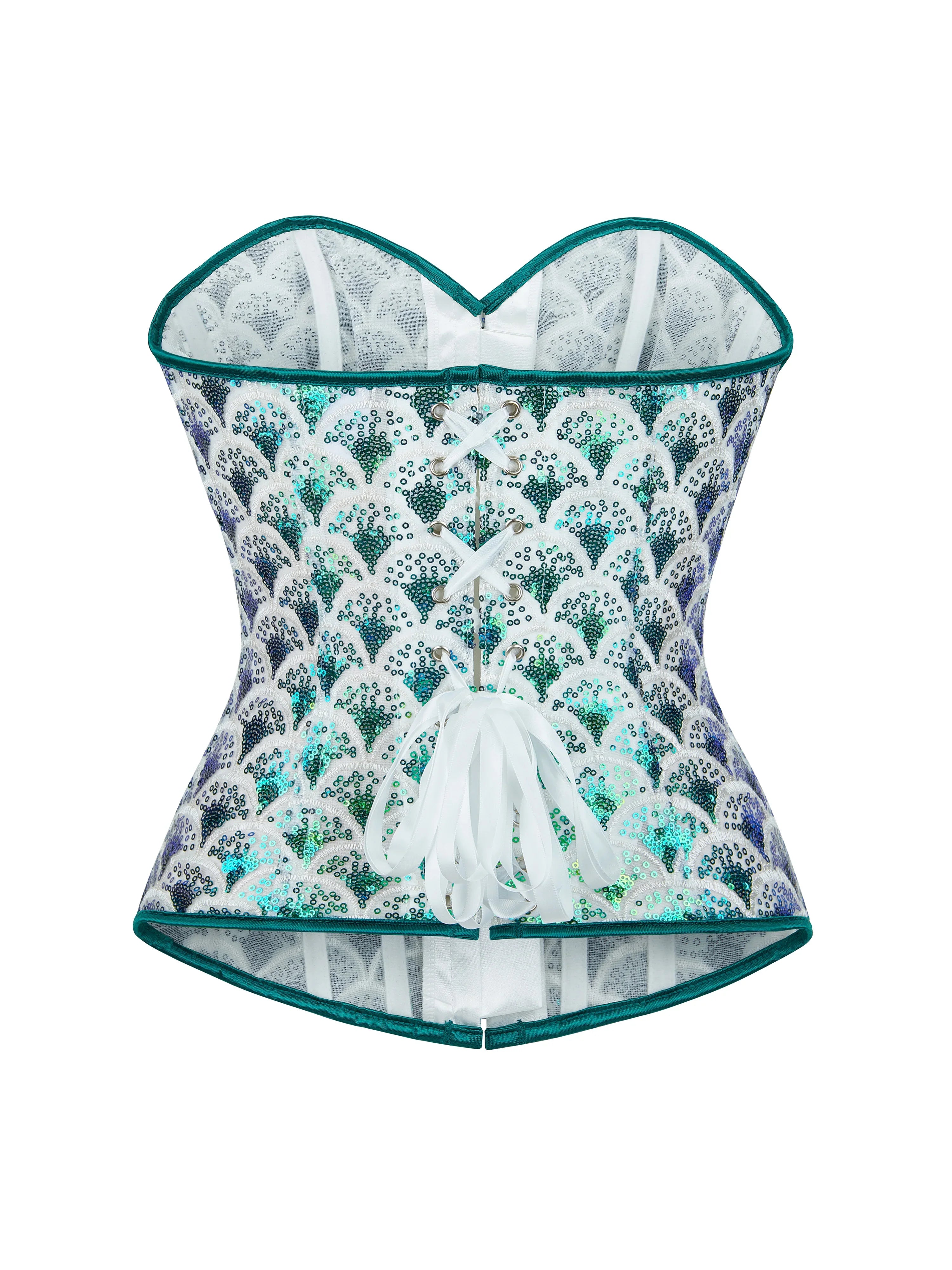 Women’s New Peacock Green Sequin Corset, Strapless Boned Bustier Top, Push-up Waist Cinching Shapewear with Fish Scale