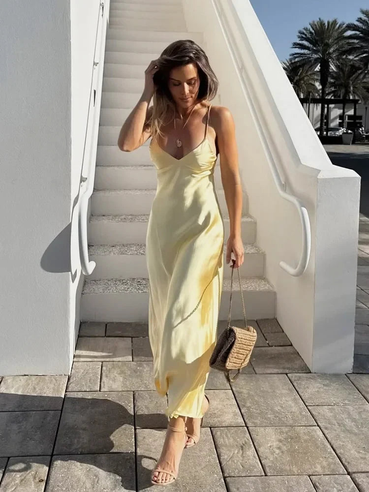 Foridol V Neck Backless Satin Long Dress Women Sexy Beach New in Maxi Summer Dress Spaghetti Strap Yellow Party Vestidos 2025