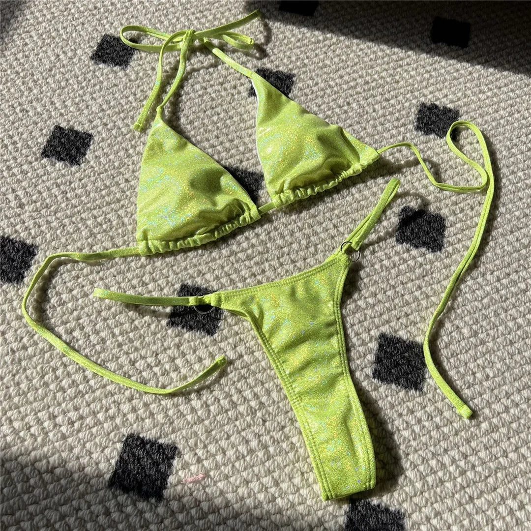 Halter Glitter Sparkling High Leg Cut Bikini Women Swimwear Female Swimsuit Two-pieces Bikini Set Bather Bathing Suit Swim V5102