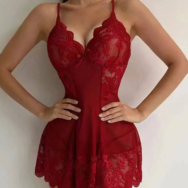 Sexy Lace Lingerie Set Short Nightdress Women Perspective Underwear Suspender Slim Dress Lolita Exotic Costume Sleepwear