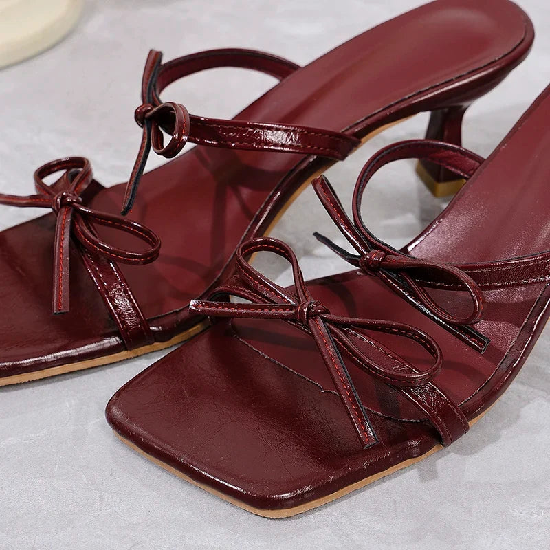 Zoki Elegant Bowknot High Heels Sandals Women Square Toe Design Thin Heels Slippers Woman Fashion Slip On Party Shoes Female