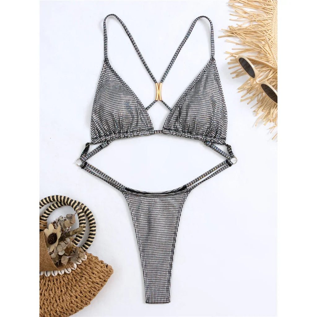 Sexy Sequins Cross Back Extreme String Mini Micro Thong Women Swimwear One Piece Swimsuit Female Bather Bathing Suit Swim V5506