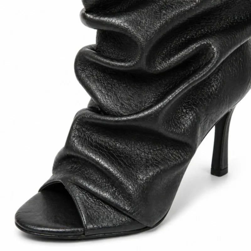 Black Soft Leather Peep Toe Pleated Mid-calf Boots Fashion Women 5 CM Thin Heels Solid Booties High Heel Boots Shoes Lady