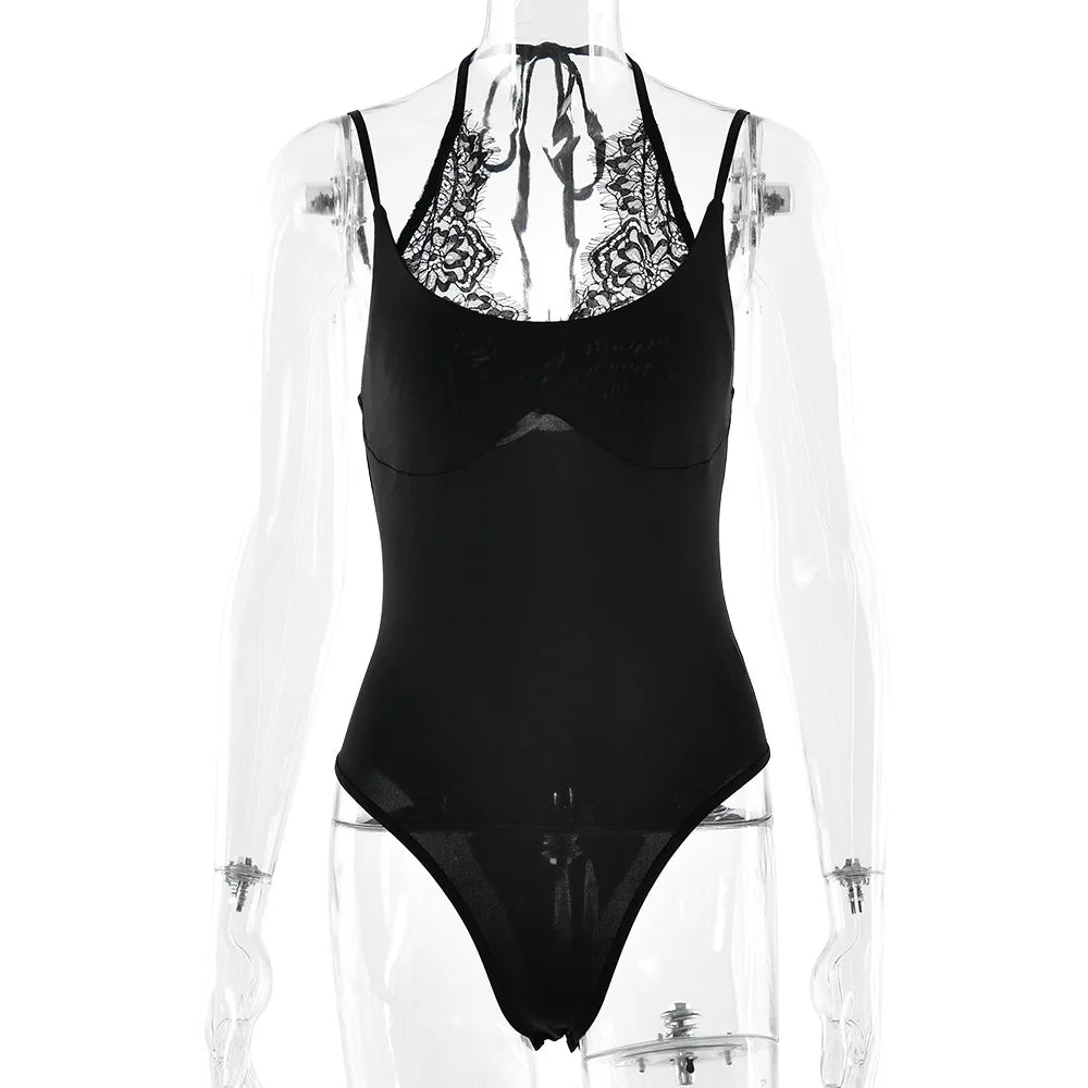 FDYOUI Women Sexy Sleeveless Lace Patchwork Pink Bodysuits 2026 Summer Halter Lace-up Backless One Piece Party Club Jumpsuit Top