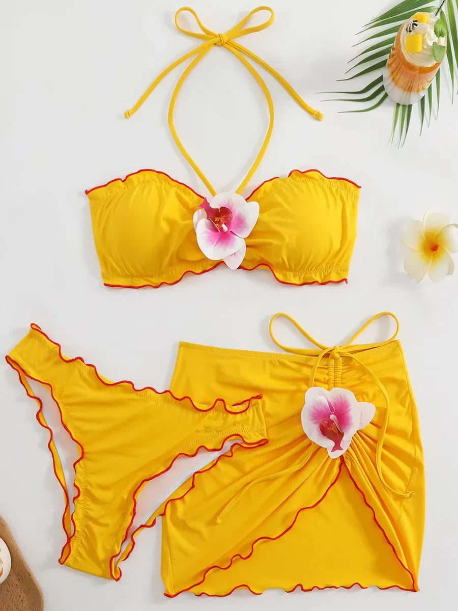 with Mesh Skirt 3D Flowers Halter Bandeau Bikini Female Swimsuit Women Swimwear Three-pieces Bikini Set Bathing Suit Beachwear