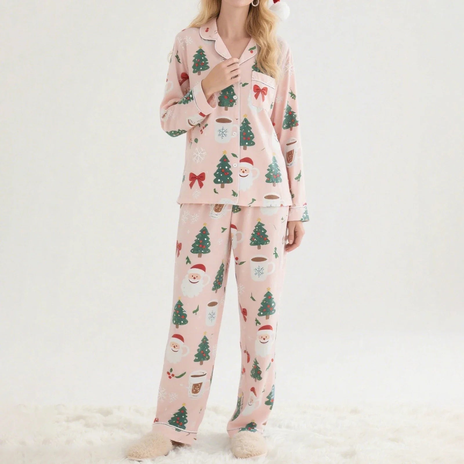 Women's 2025 Christmas Pajama Set Long Sleeve Lapel Santa Claus Christmas Tree Print Shirt Pants Two Pieces Sleepwear