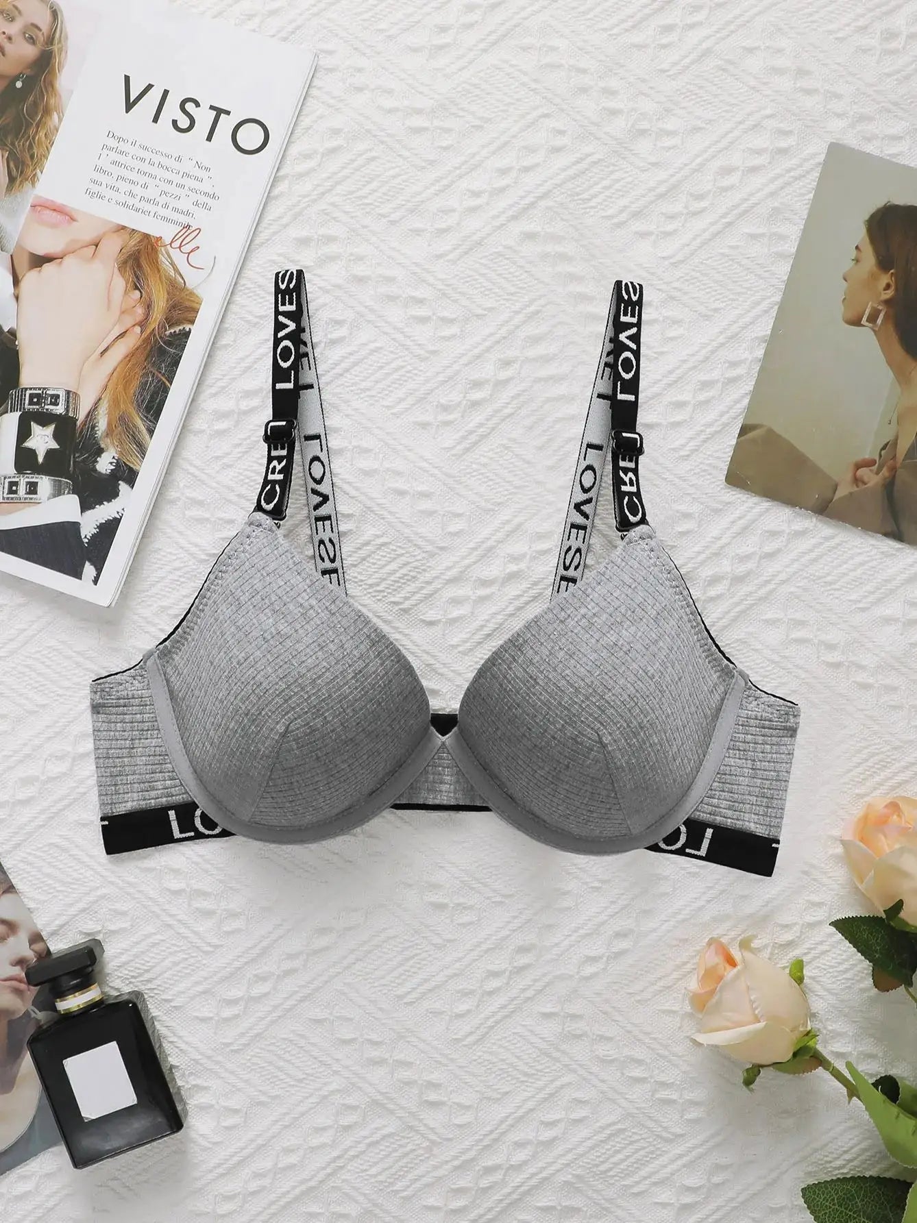 Women's Grey Bra With Letter Band Design 3/4 cup Pull Up Sexy Lingerie Solid Color All Season Brassiere R8809