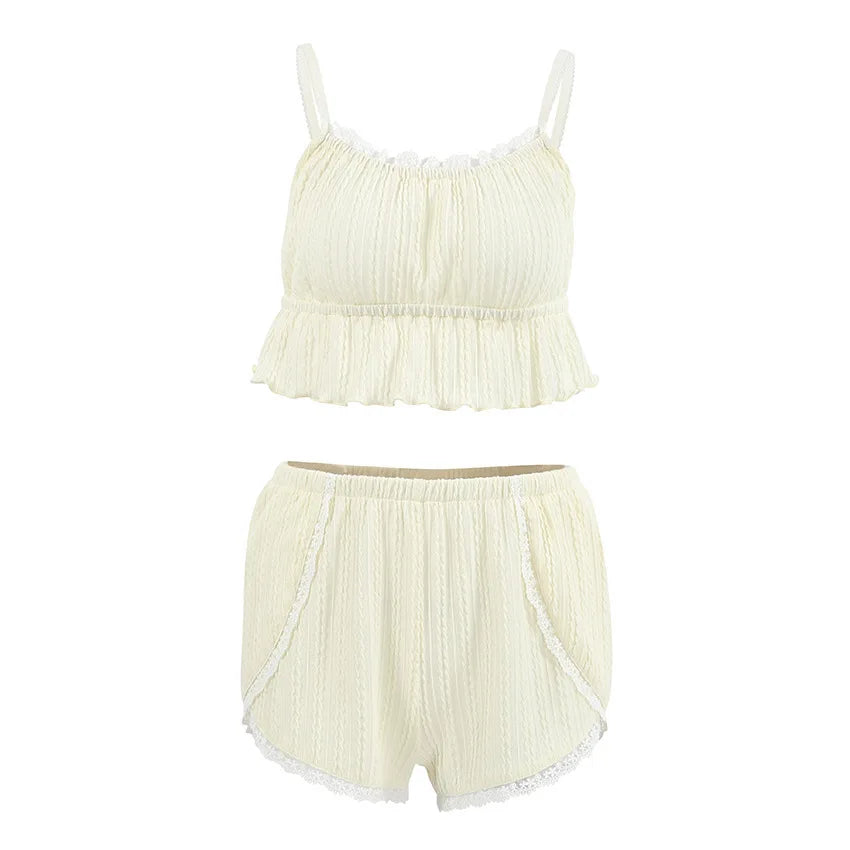 Lace Trim Ruffle Hem U-Neck Strap Cable Textured Cami & Casual Shorts Loungewear Summer Pajamas Set Women Sleepwear